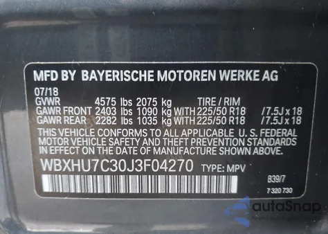 2018 BMW X1 Sdrive28I из США, поврежденный, VIN WBXHU7C30J3F04270